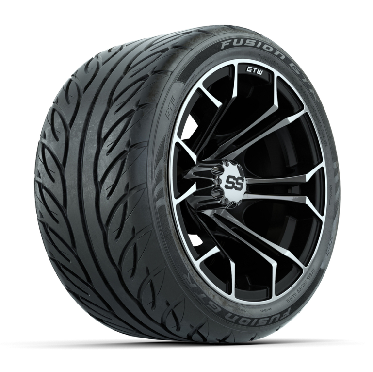 GTW® Spyder Black/Machined 12 in Wheels with 215/40-R12 Fusion GTR Steel Belt Radial Street Tires – Full Set