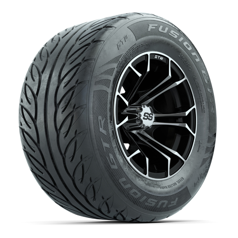 GTW® Spyder Black/Machined 12 in Wheels with 255/55-R12 Fusion GTR Steel Belt Radial Street Tires – Full Set