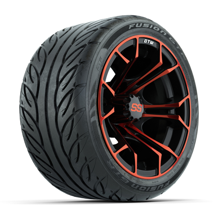 GTW® Spyder Black/Red 12 in Wheels with 215/40-R12 Fusion GTR Steel Belt Radial Street Tires – Full Set