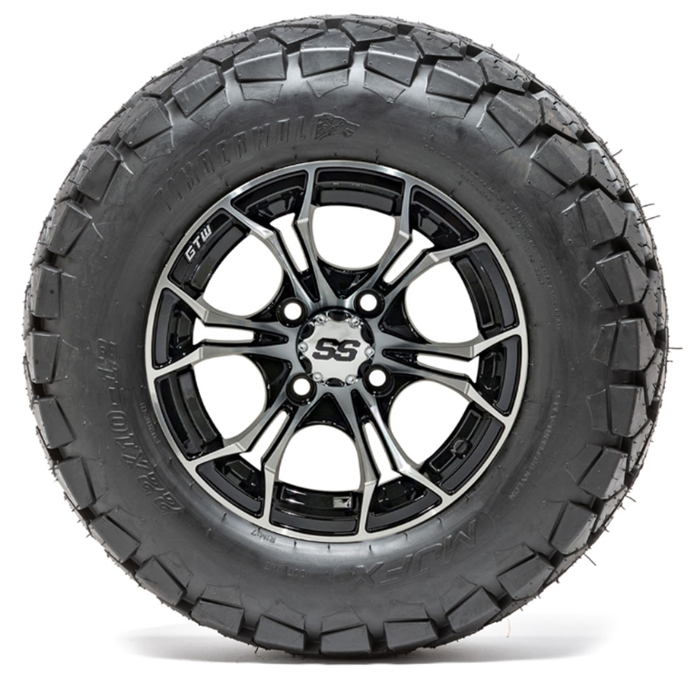 Set of 4 GTW 12in Spyder Black and Machined Wheels with 22in Timberwolf Mud Tires