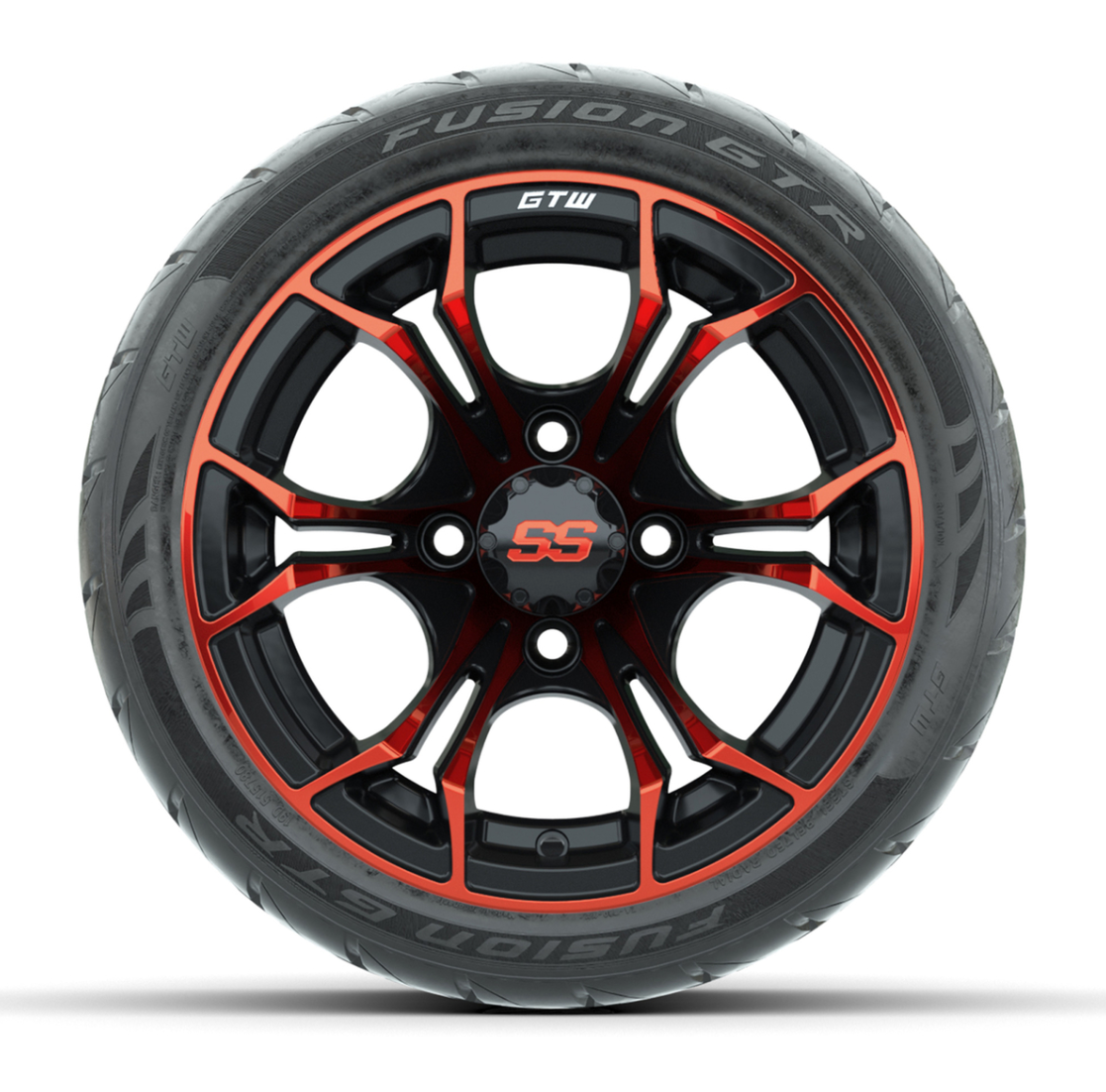 GTW® Spyder Black/Red 12 in Wheels with 215/40-R12 Fusion GTR Steel Belt Radial Street Tires – Full Set