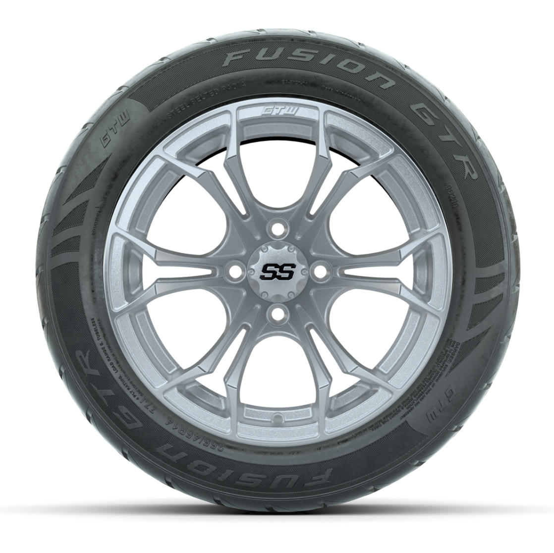 GTW® Spyder Silver Brush 14 in Wheels with 255/45-R14 Fusion GTR Steel Belt Radial Street Tires – Full Set