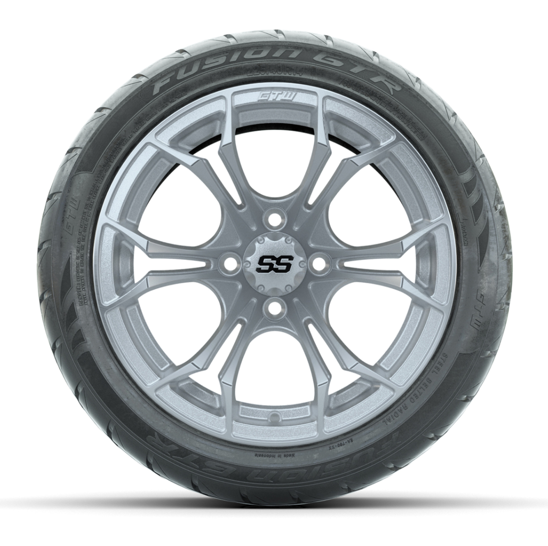 GTW® Spyder Silver Brush 14 in Wheels with 225/40-R14 Fusion GTR Steel Belt Radial Street Tires – Full Set