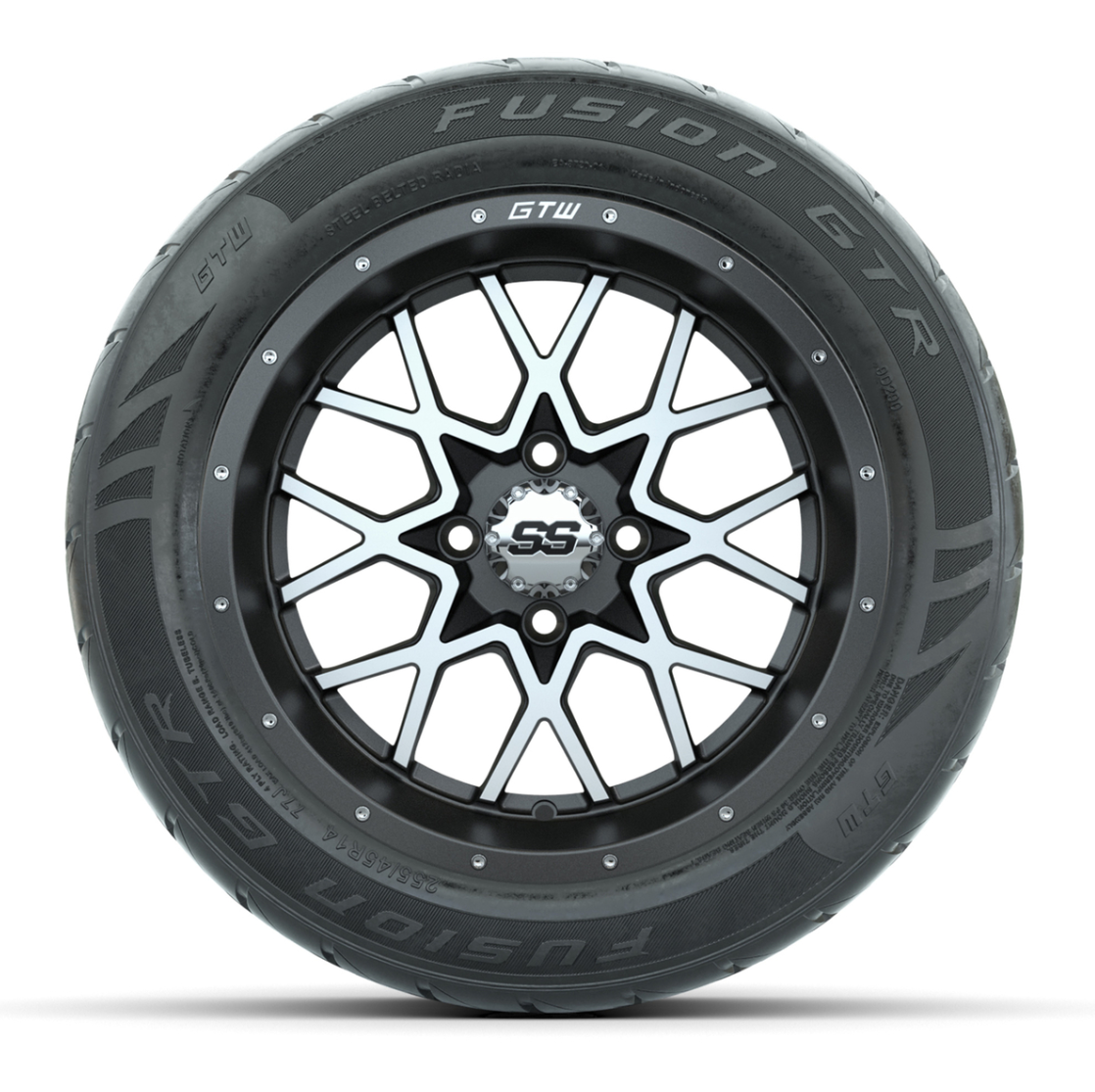 GTW® Vortex 2 Matte Gray/Machined 14 in Wheels with 255/45-R14 Fusion GTR Steel Belt Radial Street Tires – Full Set