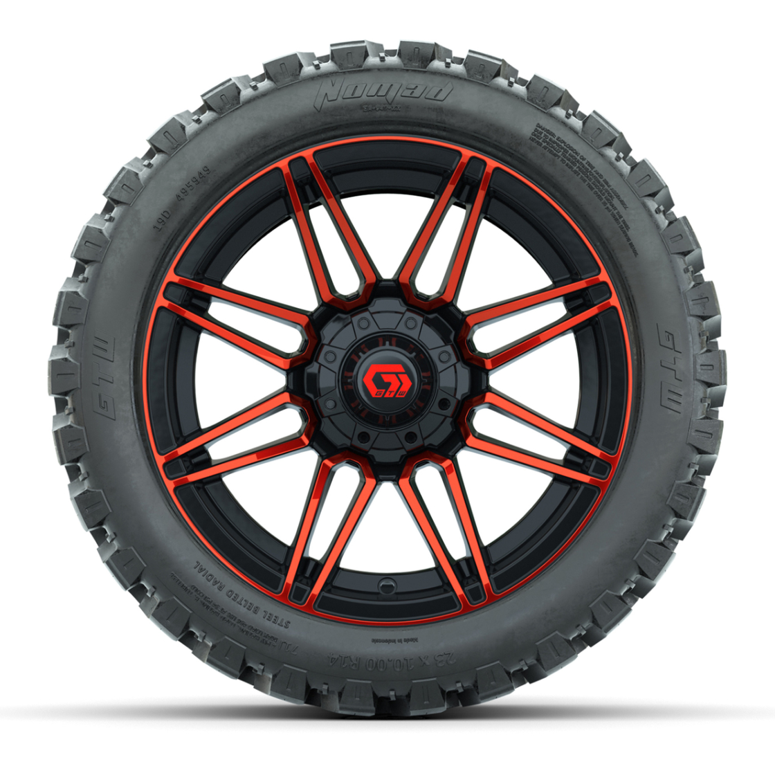 GTW® Stealth Red/Machined 14 in Wheels with 23X10-R14 Nomad Steel Belt Radial All-Terrain Tires – Full Set
