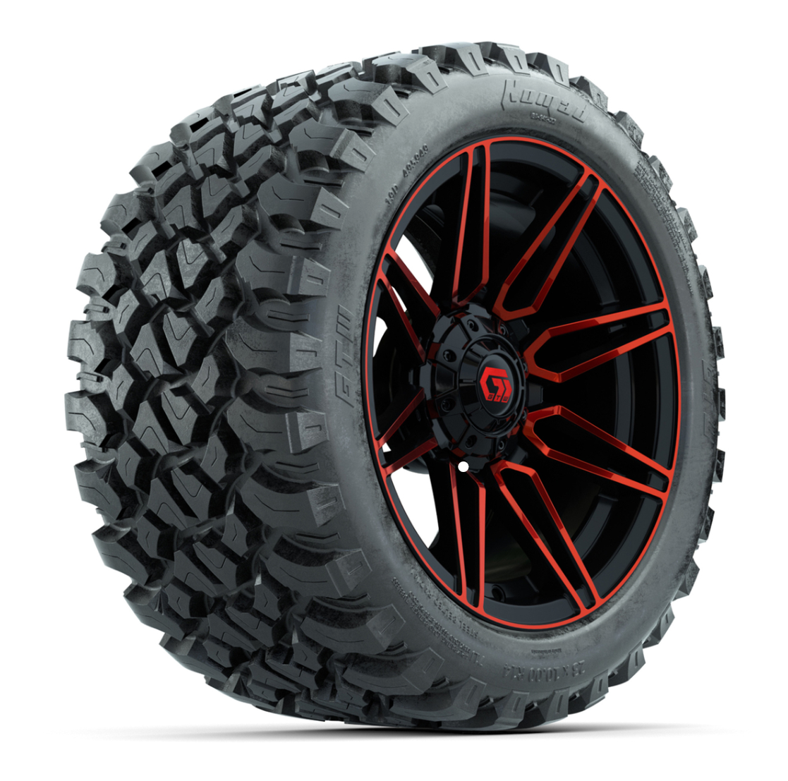 GTW® Stealth Red/Machined 14 in Wheels with 23X10-R14 Nomad Steel Belt Radial All-Terrain Tires – Full Set