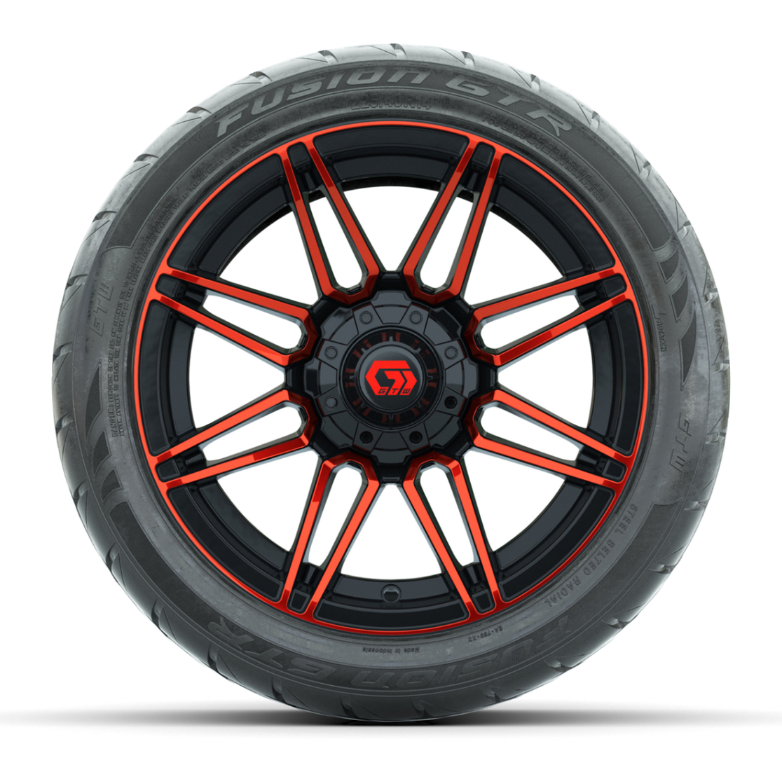 GTW® Stealth Red/Machined 14 in Wheels with 225/40-R14 Fusion GTR Steel Belt Radial Street Tires – Full Set