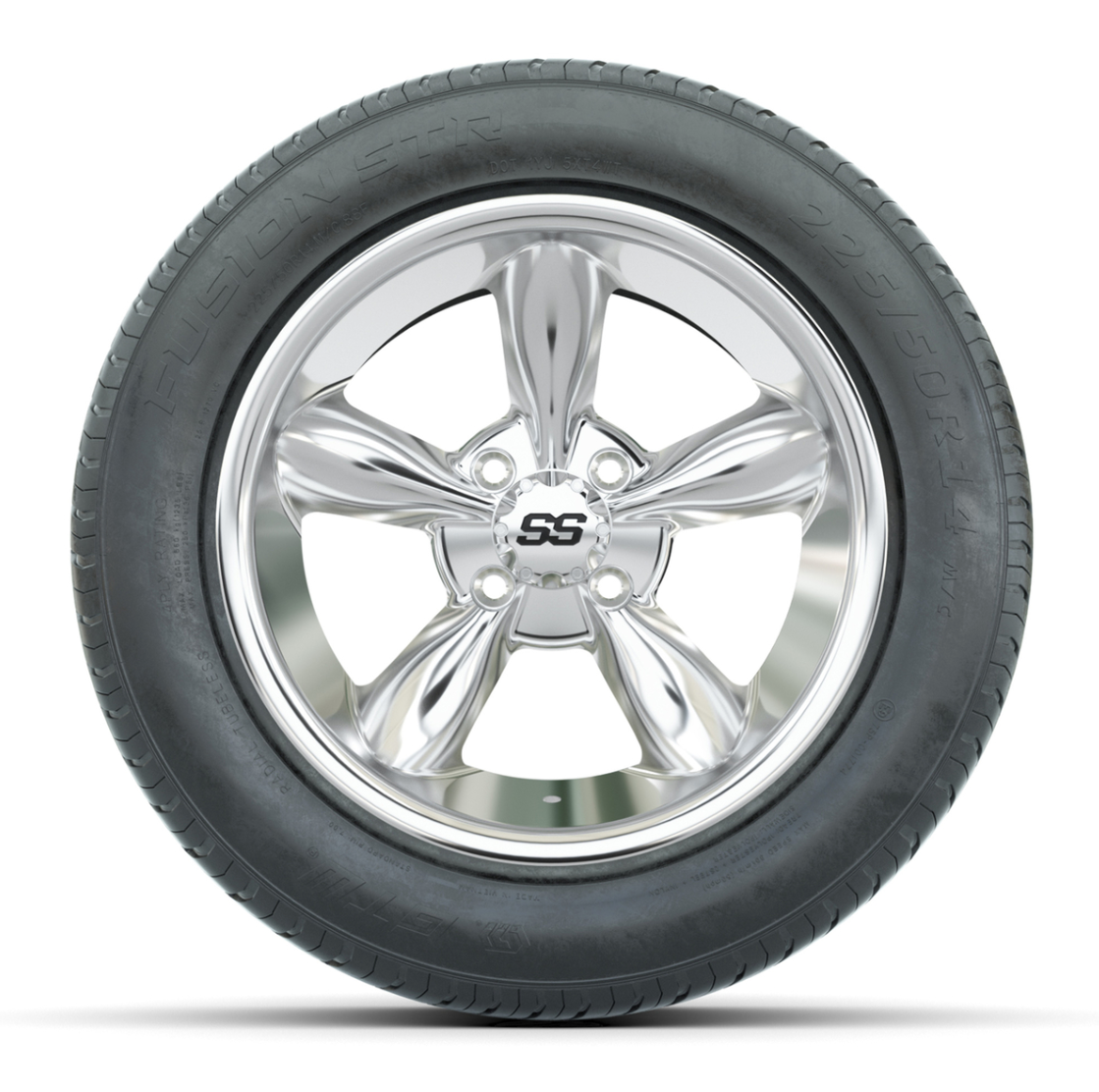 GTW® Godfather Chrome 14 in Wheels with 225/50-R14 Fusion STR DOT Approved Street Tires - Full Set