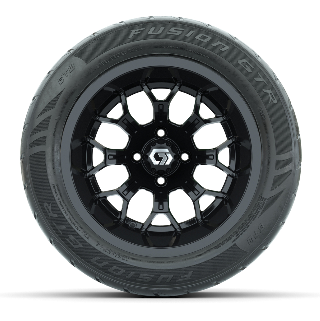 GTW® Assault Gloss Black 14 in Wheels with 255/45-R14 Fusion GTR Steel Belt Radial Street Tires – Full Set