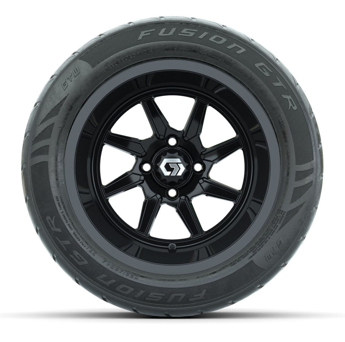 GTW® Reaper Gloss Black 14 in Wheels with 255/45-R14 Fusion GTR Steel Belt Radial Street Tires – Full Set