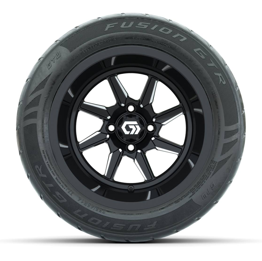 GTW® Reaper Black/Machined 14 in Wheels with 255/45-R14 Fusion GTR Steel Belt Radial Street Tires – Full Set