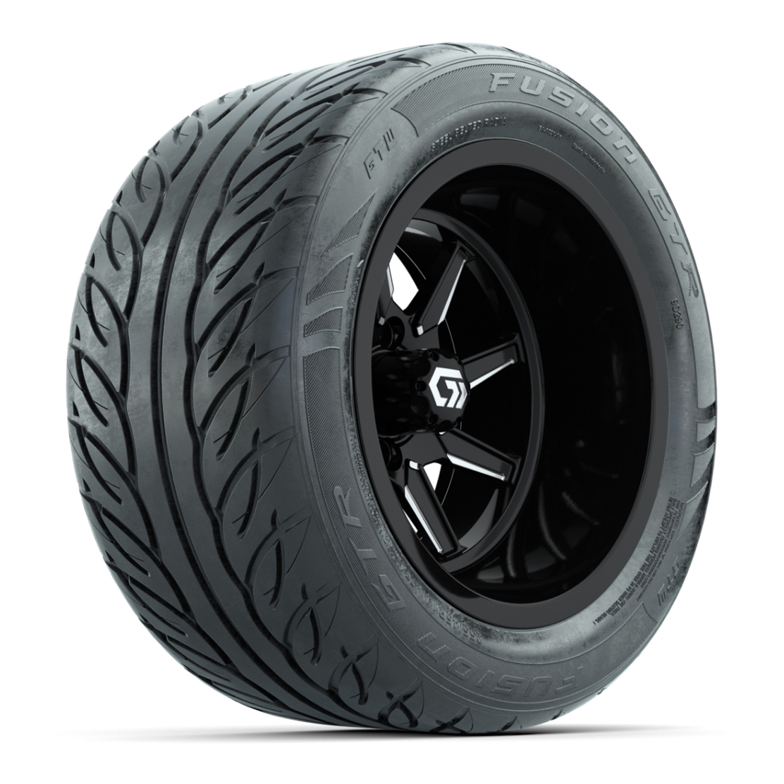 GTW® Reaper Black/Machined 14 in Wheels with 255/45-R14 Fusion GTR Steel Belt Radial Street Tires – Full Set