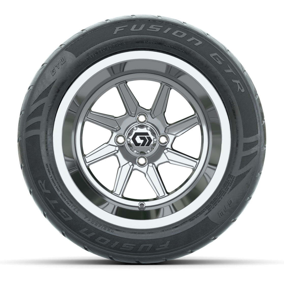 GTW® Reaper Chrome 14 in Wheels with 255/45-R14 Fusion GTR Steel Belt Radial Street Tires – Full Set