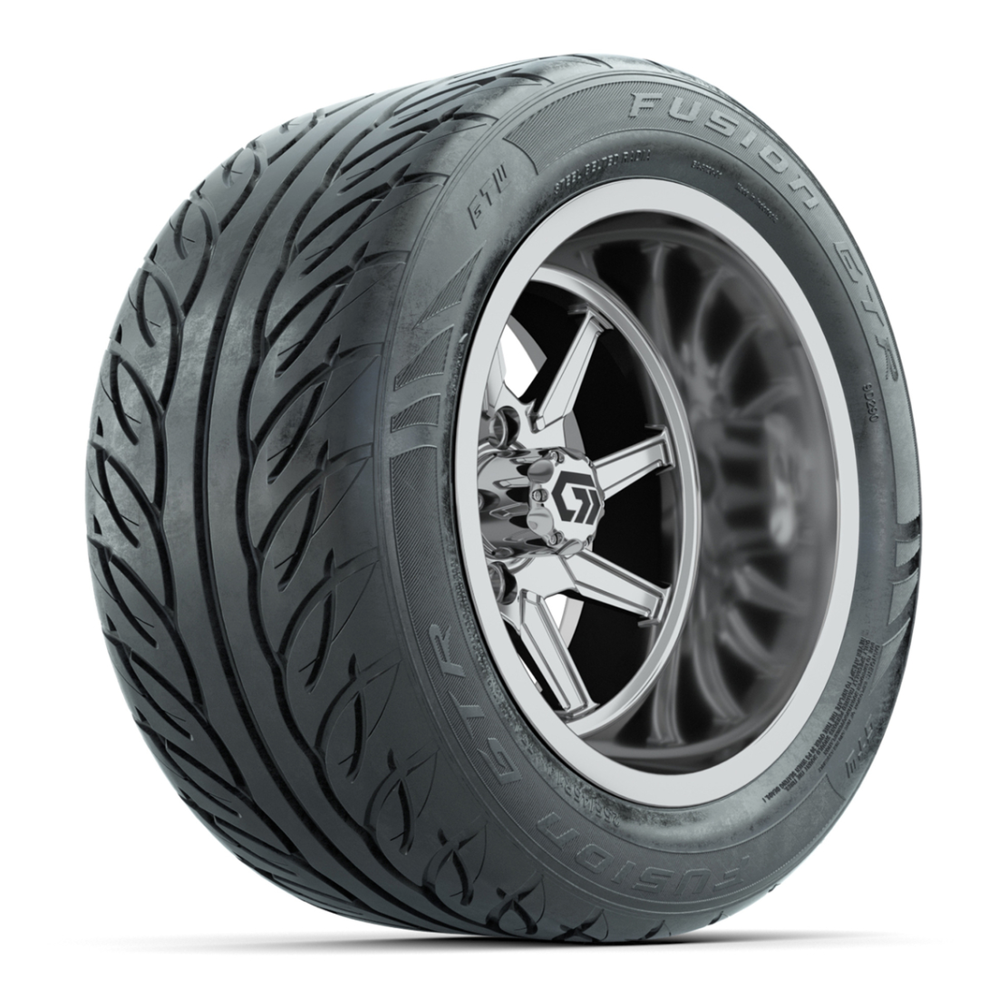 GTW® Reaper Chrome 14 in Wheels with 255/45-R14 Fusion GTR Steel Belt Radial Street Tires – Full Set