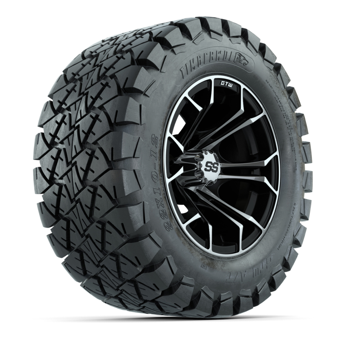 Set of 4 GTW 12in Spyder Black and Machined Wheels with 22in Timberwolf Mud Tires