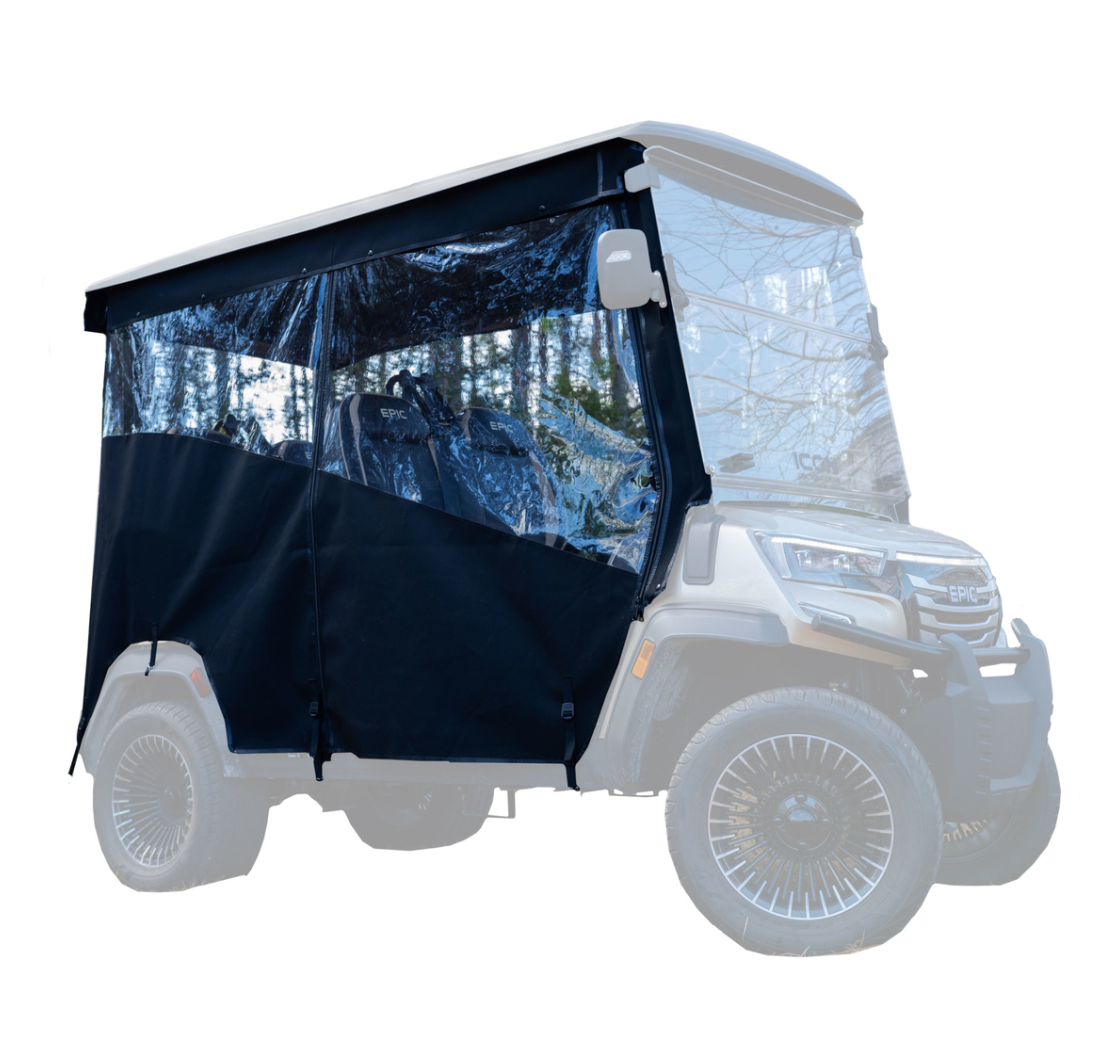 RedDot 4-Forward Seating with OEM Top 3-Sided Track Style Black Enclosure for ICON & Epic E40FX Golf Carts