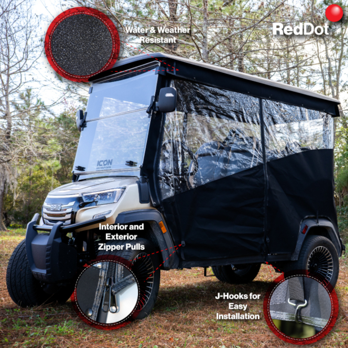 RedDot 4-Forward Seating with OEM Top 3-Sided Track Style Black Enclosure for ICON & Epic E40FX Golf Carts