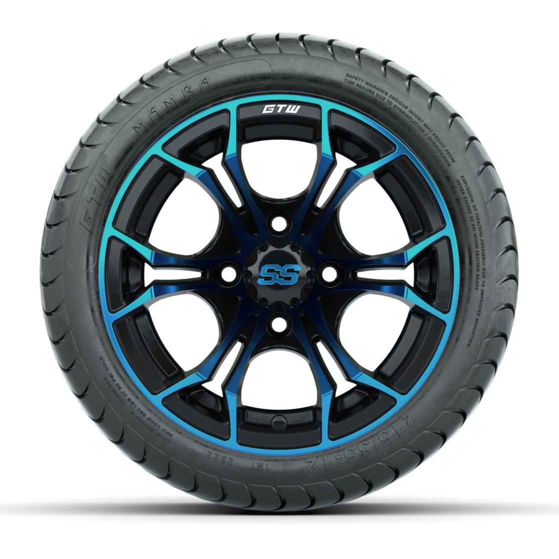 GTW Spyder Blue/Black 12 in Wheels with 215/35-12 GTW Mamba Street Tires – Full Set