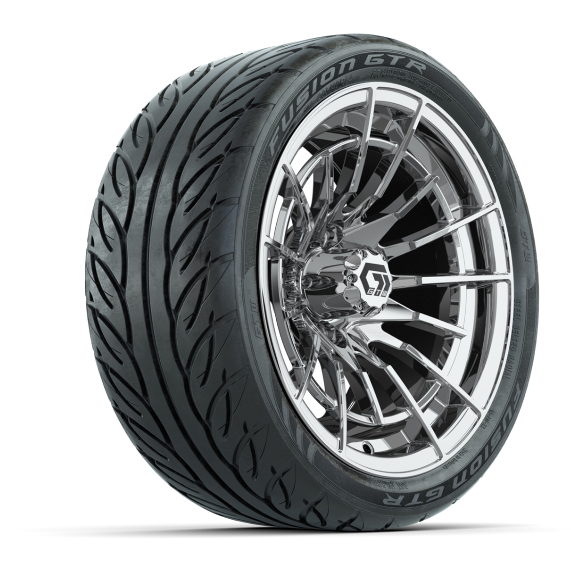 GTW® Boost Chrome 14 in Wheels with 205/40-R14 Fusion GTR Steel Belted Street Tires – Full Set