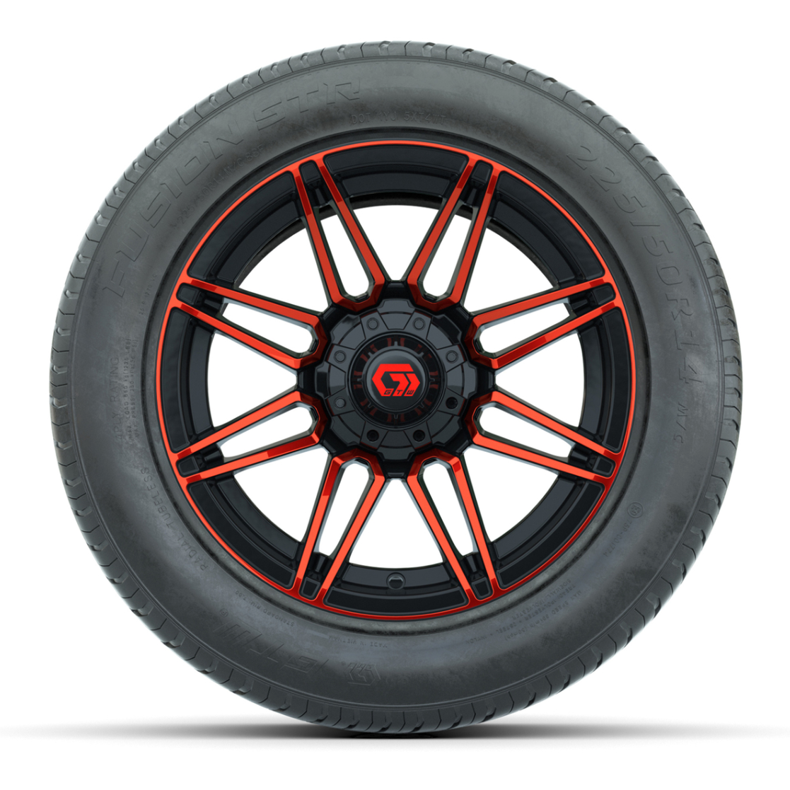 GTW® Stealth Gloss Black and Red 14 in Wheels with 255/50-R14 Fusion STR DOT Approved Street Tires - Full Set
