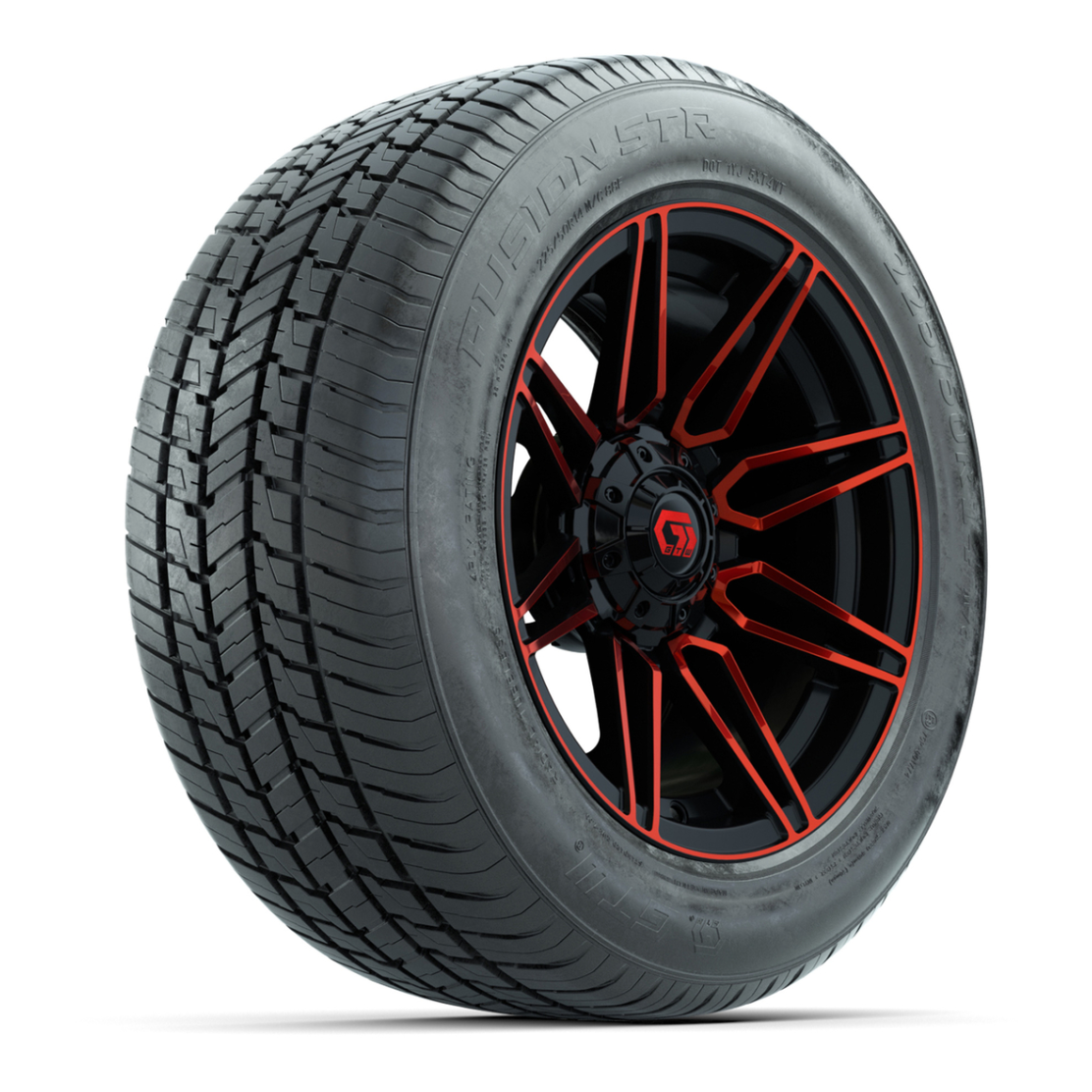 GTW® Stealth Gloss Black and Red 14 in Wheels with 255/50-R14 Fusion STR DOT Approved Street Tires - Full Set