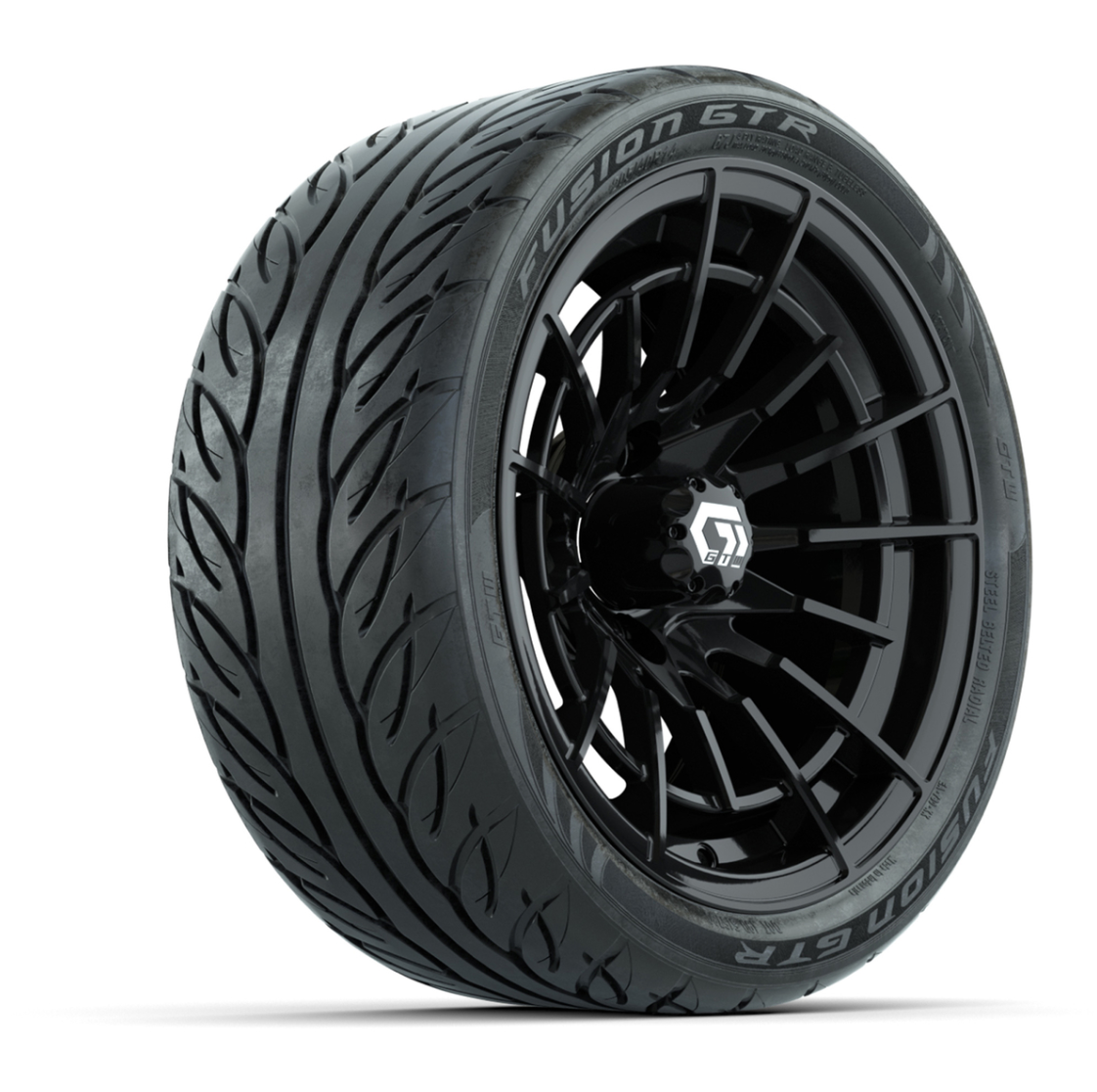 GTW® Boost Gloss Black 14 in Wheels with 205/40-R14 Fusion GTR Steel Belted Street Tires – Full Set