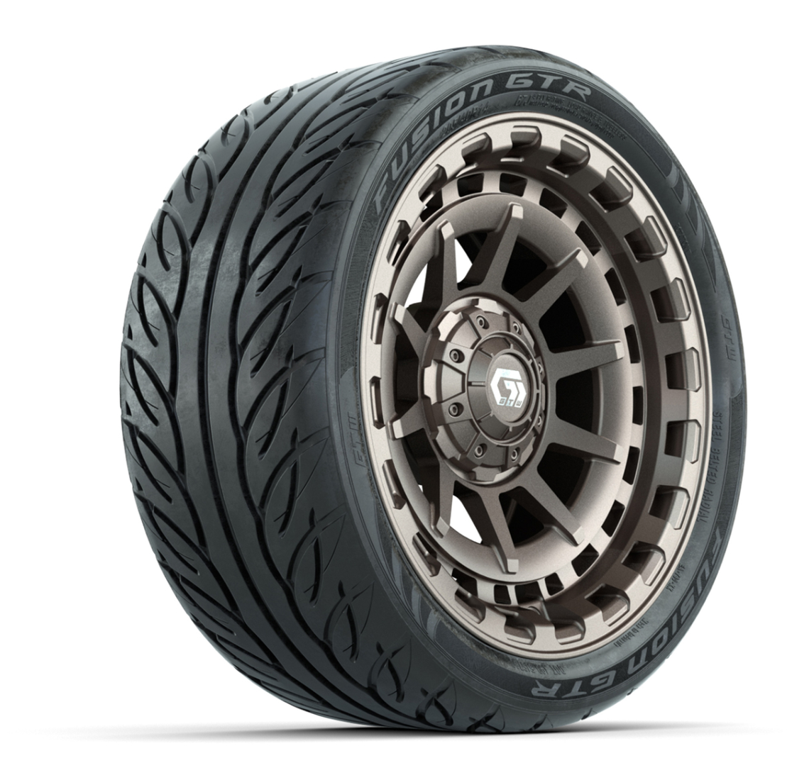 GTW® Barricade Satin Bronze 14 in Wheels with 205/40-R14 Fusion GTR Steel Belted Street Tires – Full Set