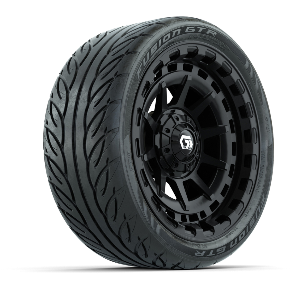 GTW® Barricade Gloss Black 14 in Wheels with 205/40-R14 Fusion GTR Steel Belted Street Tires – Full Set