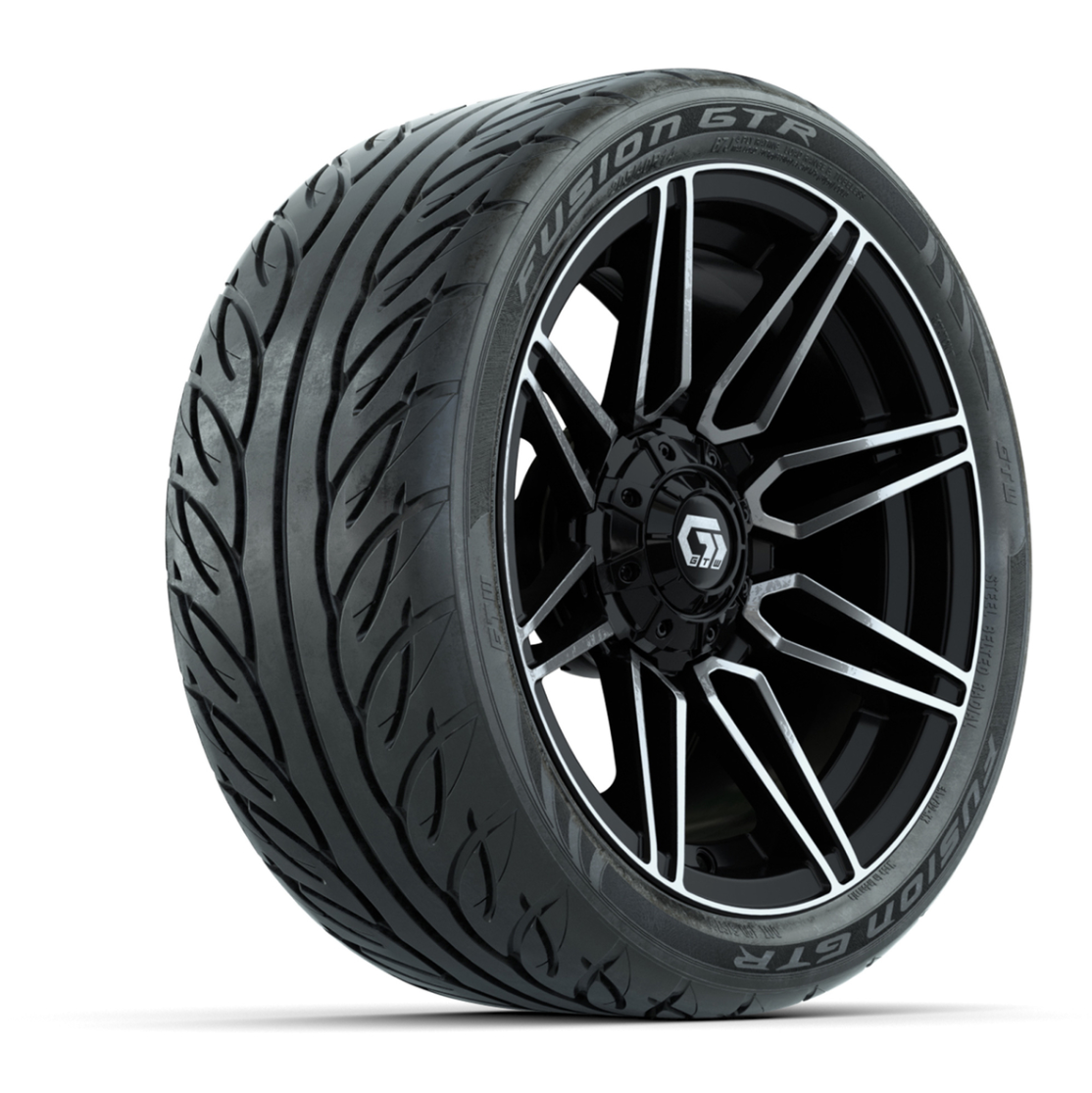 GTW® Stealth Gloss Black/Machined 14 in Wheels with 205/40-R14 Fusion GTR Steel Belted Street Tires – Full Set