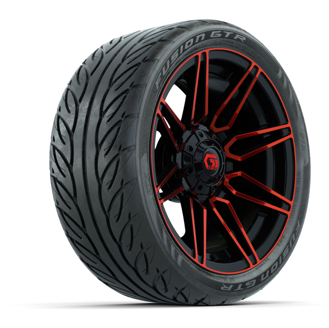 GTW® Stealth Gloss Black/Red 14 in Wheels with 205/40-R14 Fusion GTR Steel Belted Street Tires – Full Set