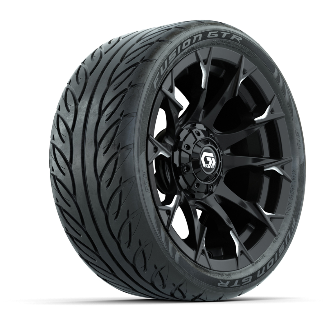 GTW® Diablo Gloss Black/Machined 14 in Wheels with 205/40-R14 Fusion GTR Steel Belted Street Tires – Full Set