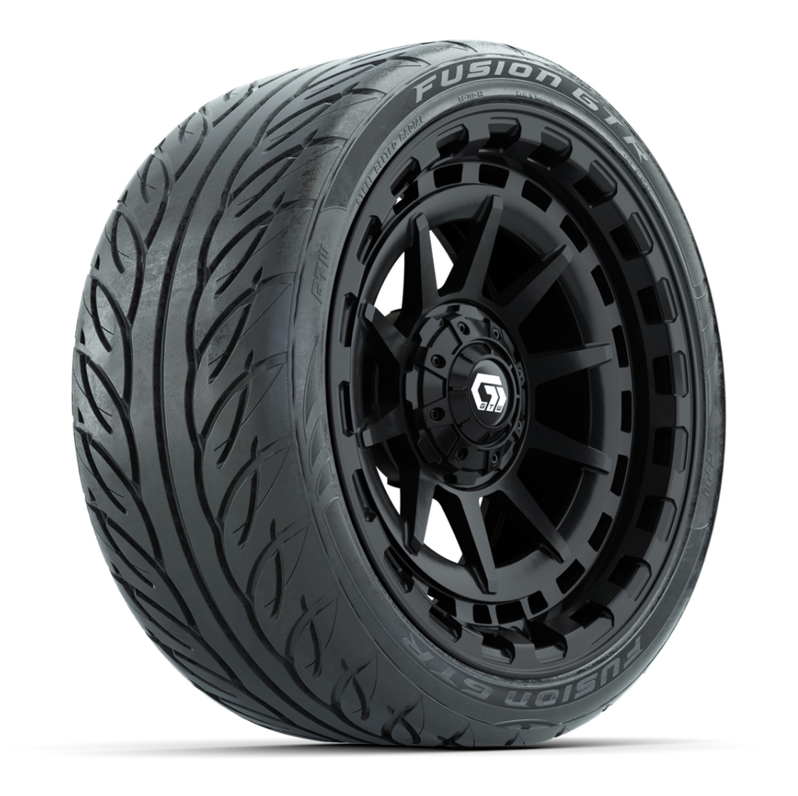 GTW® Barricade Gloss Black 15 in Wheels with 215/40-R15 Fusion GTR Steel Belted Street Tires – Full Set