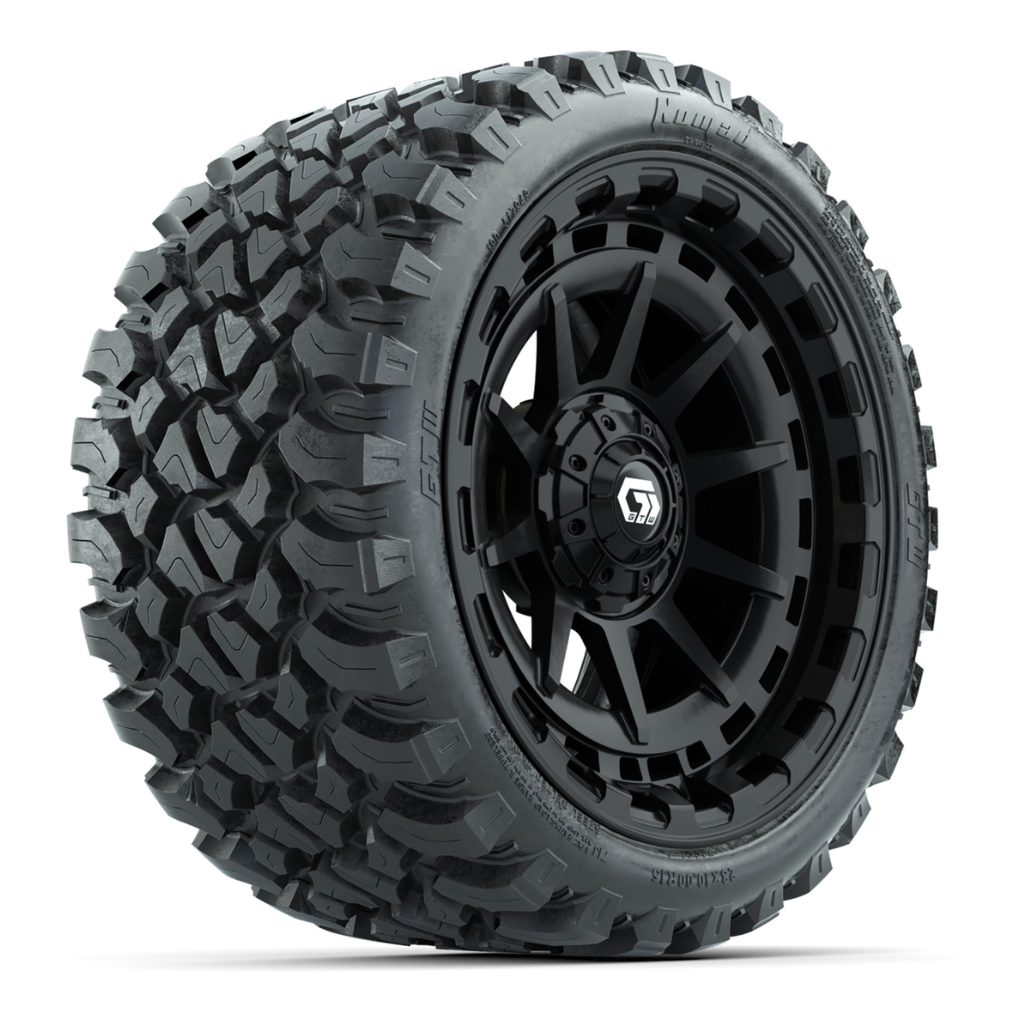 GTW® Barricade Gloss Black 15 in Wheels with 23x10-R15 Nomad Steel Belted Radial All-Terrain Tires – Full Set