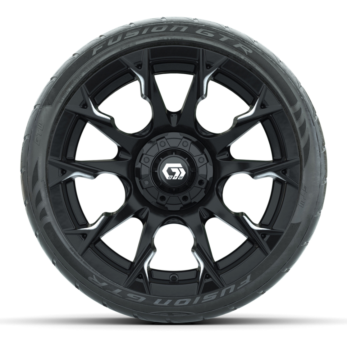 GTW® Diablo Gloss Black/Machined 15 in Wheels with 215/40-R15 Fusion GTR Steel Belted Street Tires – Full Set