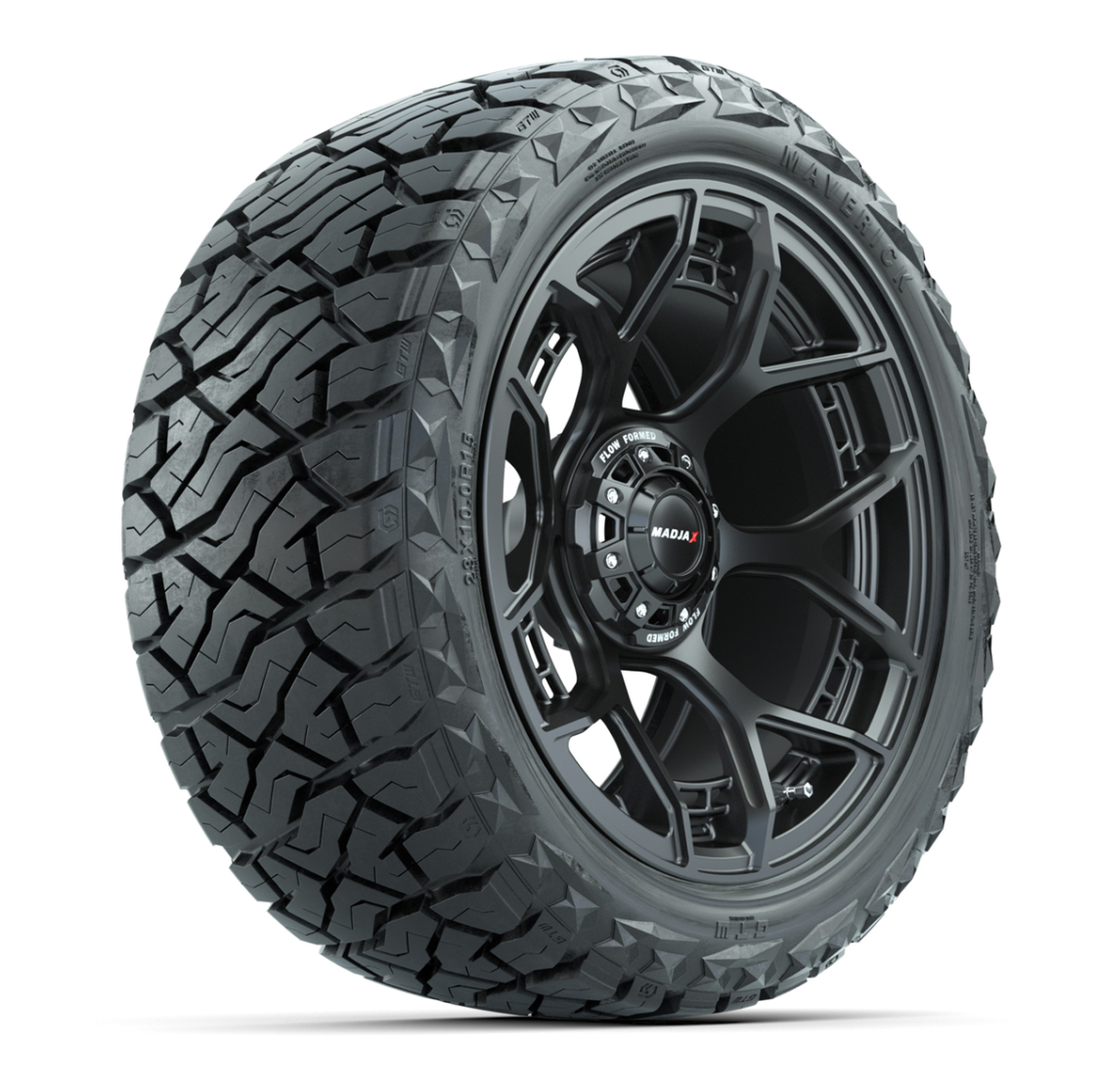 GTW MadJax® Flow Form Evolution Matte Black 15 in Wheels with 23x10.00-R15 Maverick All-Terrain Tires – Full Set