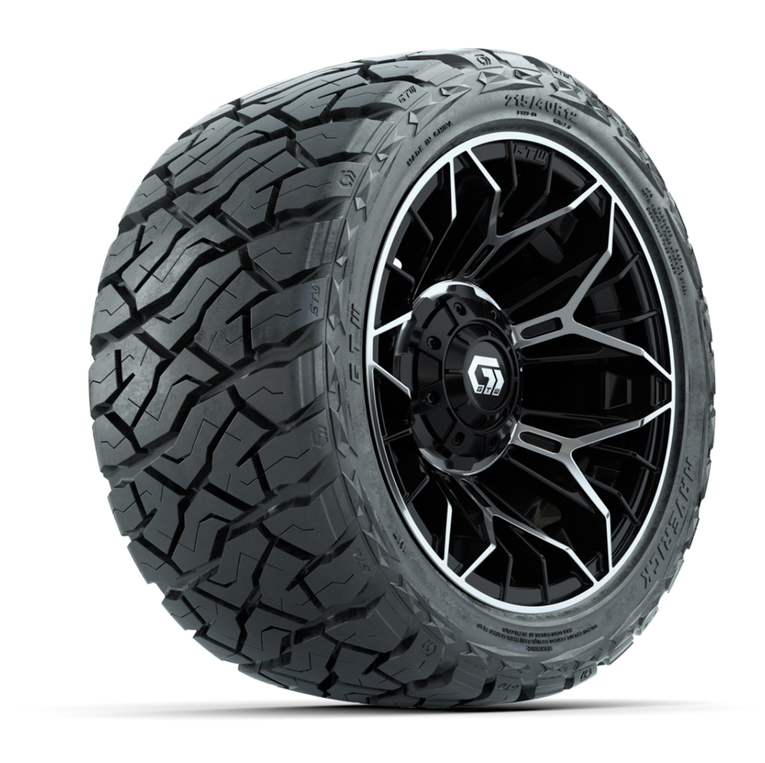 GTW Stellar Black/Machined 12 in Wheels with 215/40-R12 Maverick Low-Profile All-Terrain Tires – Full Set