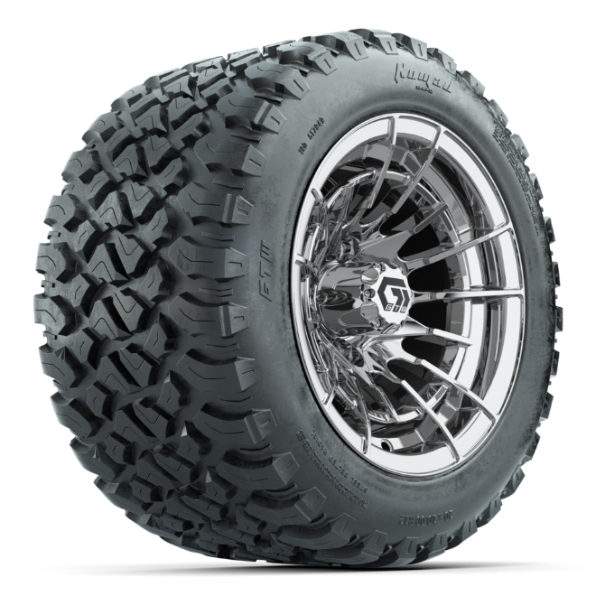 GTW® Boost Chrome 12 in Wheels with 20X10-12 Nomad Steel Belt Radial All-Terrain Tires – Full Set