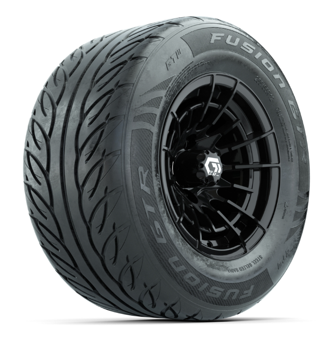 GTW® Boost Gloss Black 12 in Wheels with 255/55-R12 Fusion GTR Steel Belt Radial Street Tires – Full Set