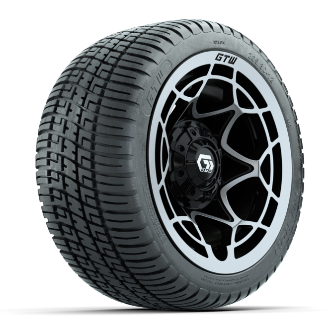 GTW® Nexus Black with Silver Face 12 in Wheels with 205/30-12 Fusion Street Tires – Full Set