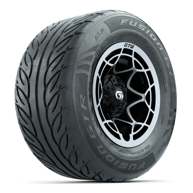 GTW® Nexus Black with Silver Face 12 in Wheels with 255/55-R12 Fusion GTR Steel Belt Radial Street Tires – Full Set