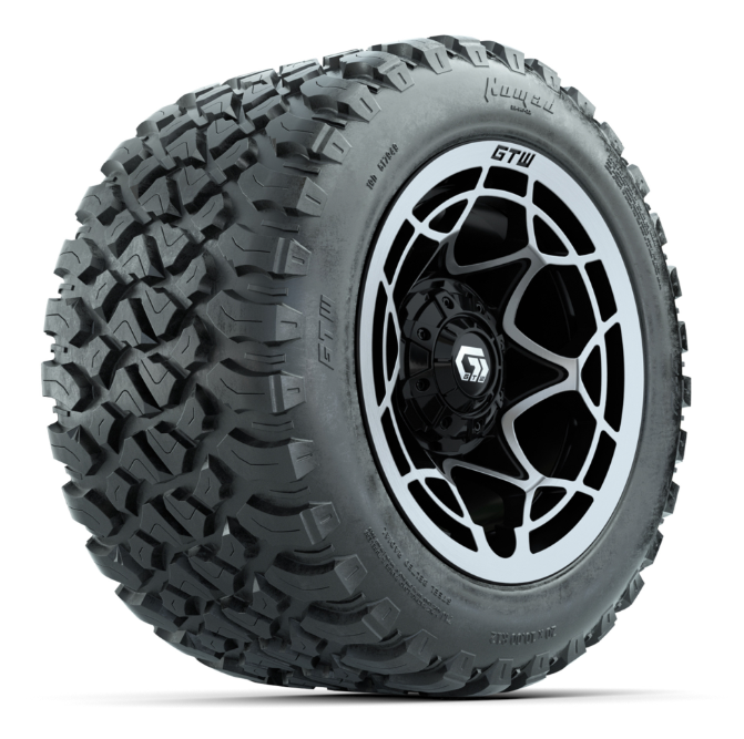 GTW® Nexus Black with Silver Face 12 in Wheels with 20X10-12 Nomad Steel Belt Radial All-Terrain Tires – Full Set