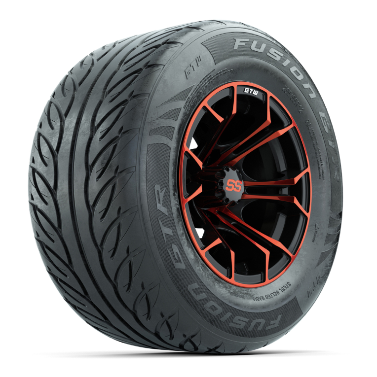 GTW® Spyder Black/Red 12 in Wheels with 255/55-R12 Fusion GTR Steel Belt Radial Street Tires – Full Set