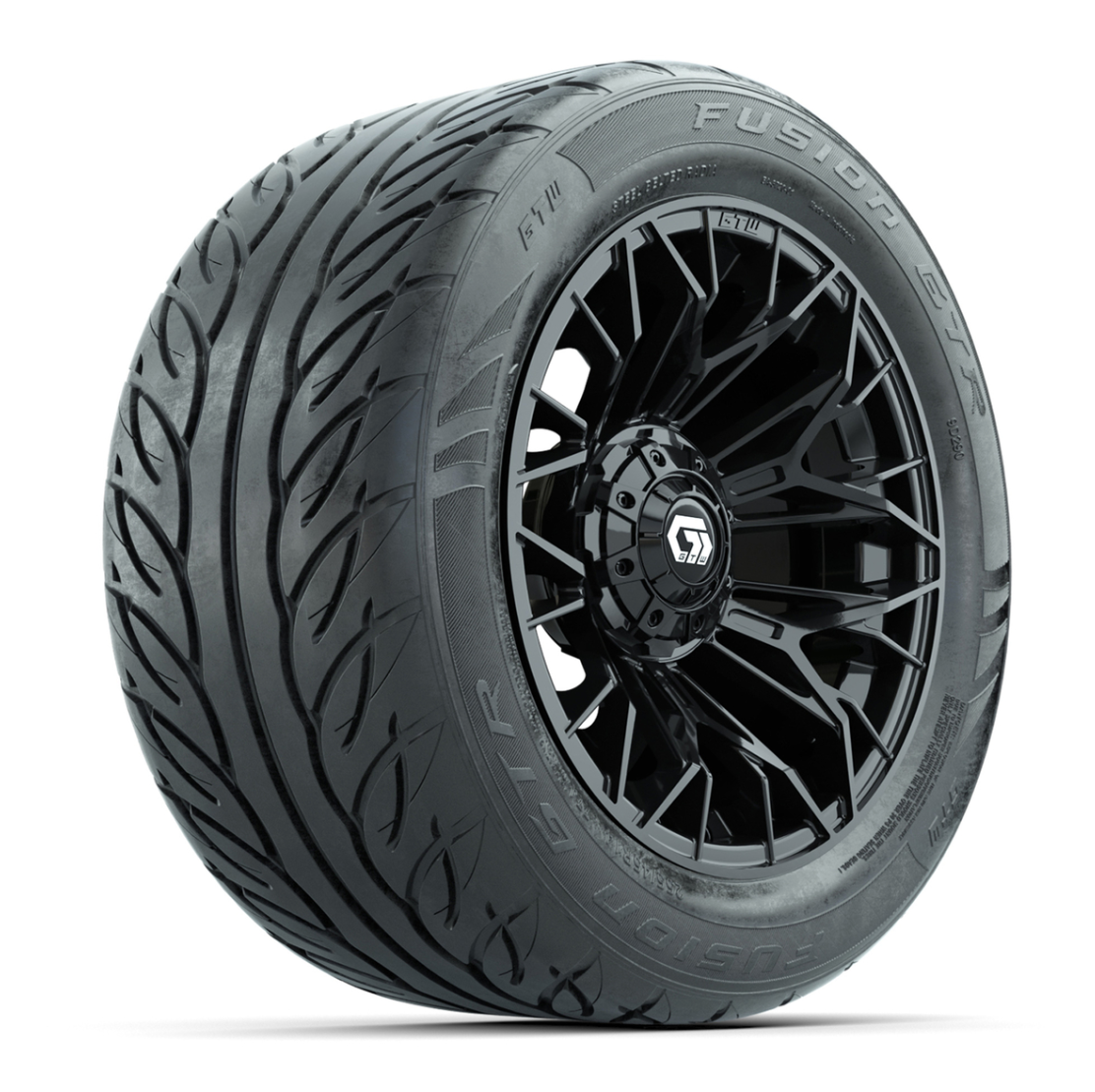 GTW® Stellar Black 14 in Wheels with 255/45-R14 Fusion GTR Steel Belt Radial Street Tires – Full Set