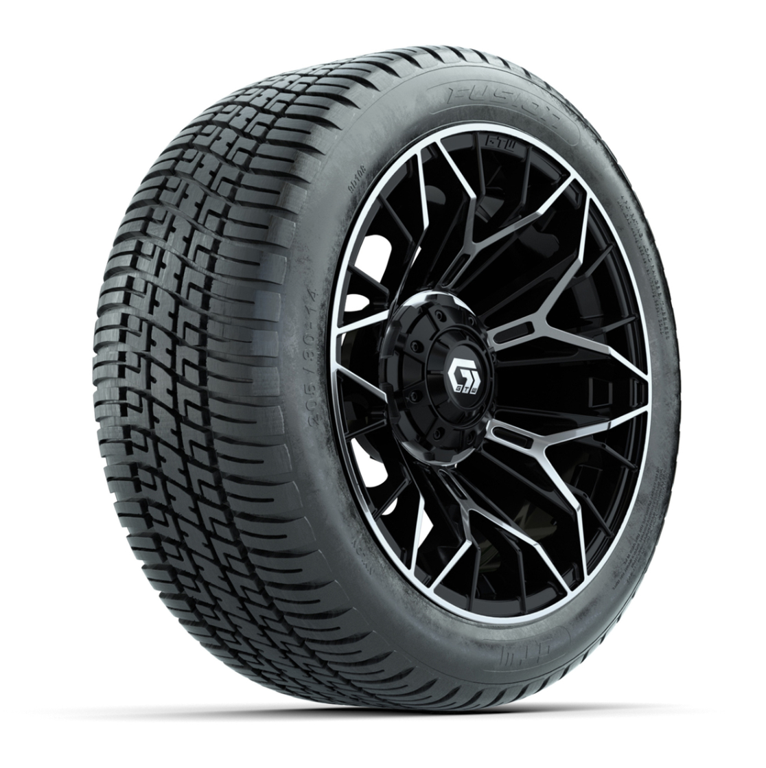 GTW® Stellar Black/Machined 14 in Wheels with 205/30-R14 Fusion Street Tires – Full Set