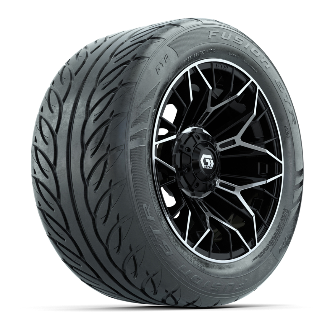 GTW® Stellar Black/Machined 14 in Wheels with 255/45-R14 Fusion GTR Steel Belt Radial Street Tires – Full Set