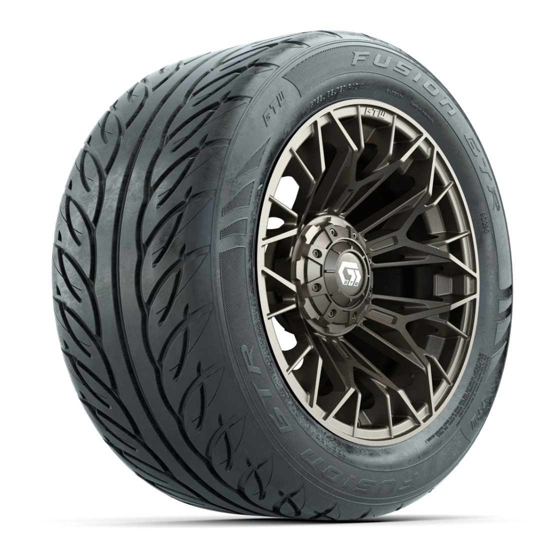 GTW® Stellar Matte Bronze 14 in Wheels with 255/45-R14 Fusion GTR Steel Belt Radial Street Tires – Full Set