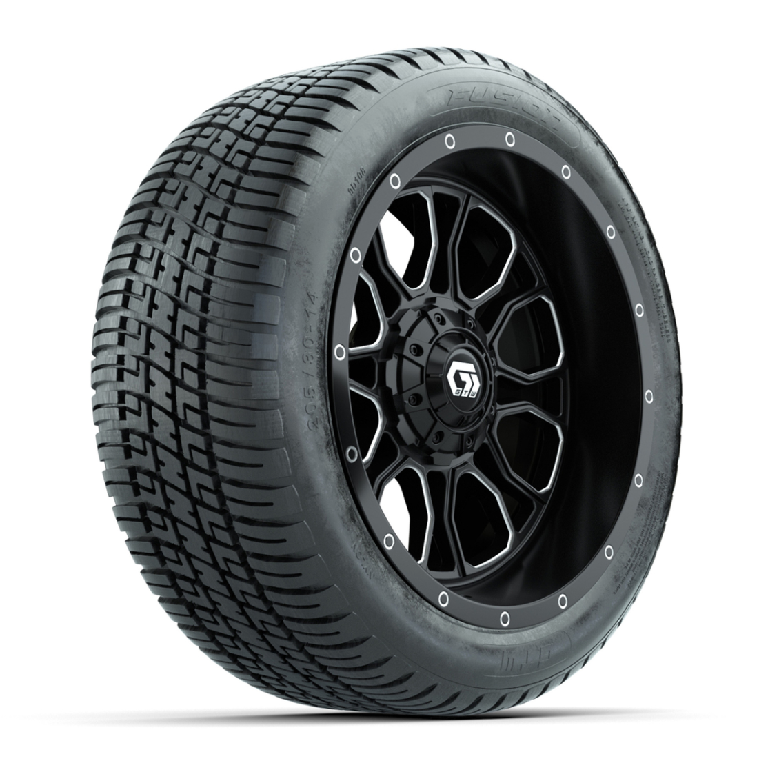 GTW® Volt Black/Machined 14 in Wheels with 205/30-R14 Fusion Street Tires – Full Set