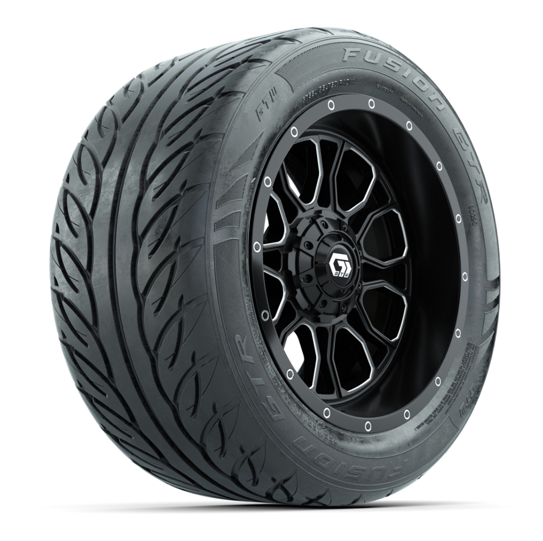 GTW® Volt Black/Machined 14 in Wheels with 255/45-R14 Fusion GTR Steel Belt Radial Street Tires – Full Set
