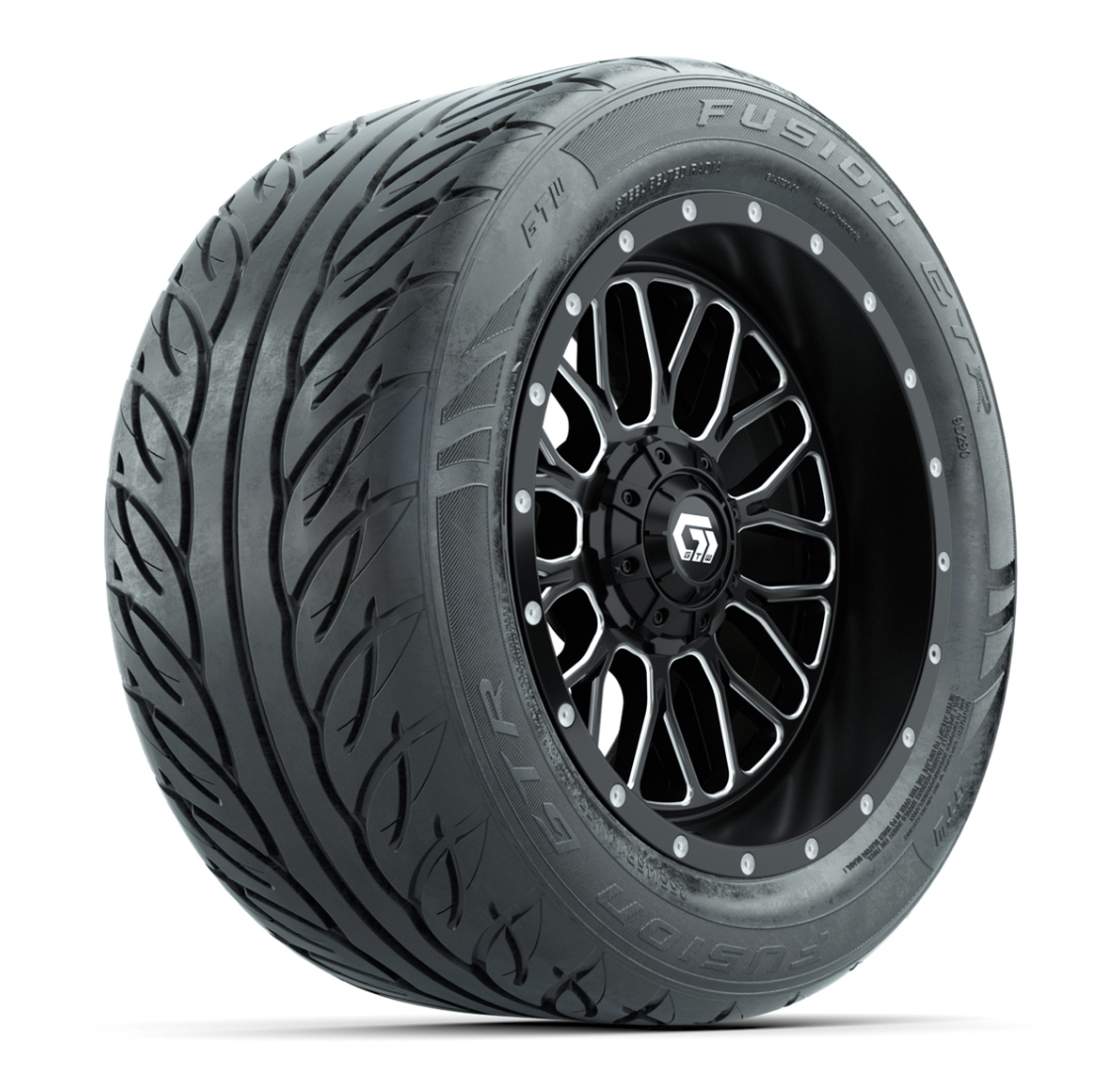 GTW® Helix Black/Machined 14 in Wheels with 255/45-R14 Fusion GTR Steel Belt Radial Street Tires – Full Set