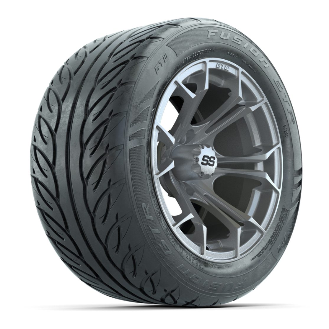 GTW® Spyder Silver Brush 14 in Wheels with 255/45-R14 Fusion GTR Steel Belt Radial Street Tires – Full Set